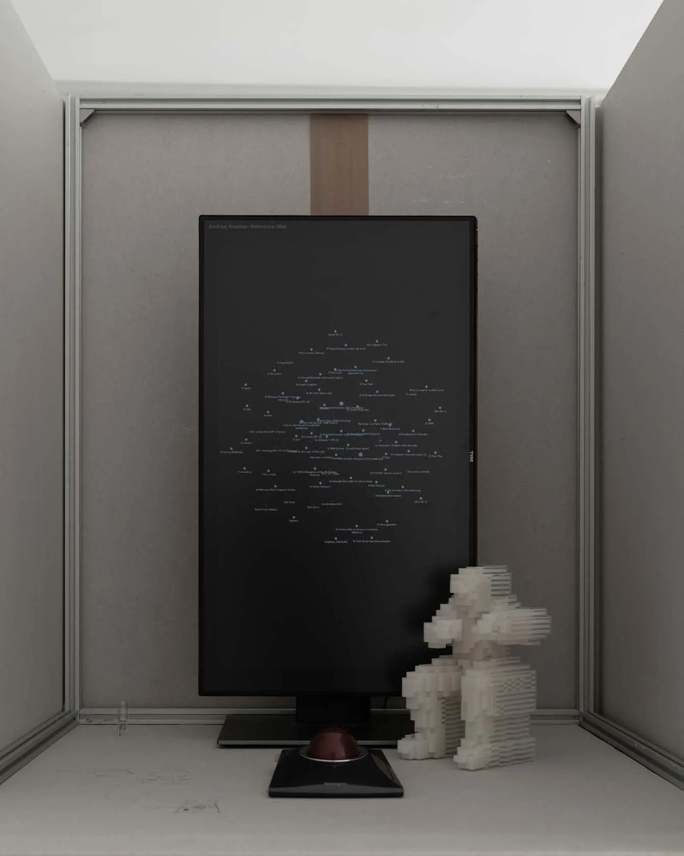 Librarian access point, a fragment of the installation It is not About Time, on the screen: Reference Network - an interactive bibliography 